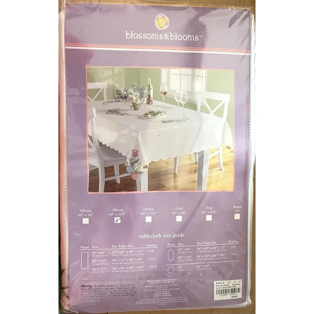 Blossoms & Blooms Easter Cutwork Tablecloth Oblong 60x102 Floral Egg Embroidery